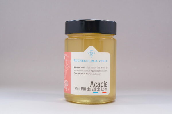 Miel acacia - 450grRucher de la cage verte,Miel biologique, Rucher de la cage verte, Apiculture biologique, Produits de la ruche, Miel du Berry, Produits au miel bio, Miels de saison, Artisanat apicole, Abeilles butineuses, Ruche en ligne, Propolis naturelle, Apithérapie, Pollinisation, Saveurs du terroir, Agriculture biologique, Agro-responsable, Conservation de l'environnement, Récolte respectueuse, Apiculture Centre Val de Loire, Sologne, Berry, Cher, Bourges, Orléans, Paris, Henrichemont, miel de printemps, miel acacia, miel lavande, miel de chataignier, miel oignon sarrasin, miel toutes fleurs Sologne, miel toutes fleurs d’été, miel acacia spiruline, miel acacia curcuma, miel acacia gingembre, miel acacia piment d’Espelette, Bonbons au miel sève de pins, Bonbons au miel de lavande, Boules fourrées au miel de lavande