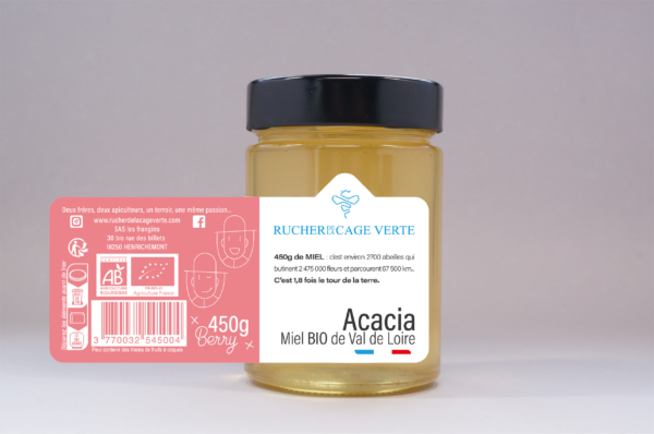 Miel acacia - 450gr Rucher de la cage verte,Miel biologique, Rucher de la cage verte, Apiculture biologique, Produits de la ruche, Miel du Berry, Produits au miel bio, Miels de saison, Artisanat apicole, Abeilles butineuses, Ruche en ligne, Propolis naturelle, Apithérapie, Pollinisation, Saveurs du terroir, Agriculture biologique, Agro-responsable, Conservation de l'environnement, Récolte respectueuse, Apiculture Centre Val de Loire, Sologne, Berry, Cher, Bourges, Orléans, Paris, Henrichemont, miel de printemps, miel acacia, miel lavande, miel de chataignier, miel oignon sarrasin, miel toutes fleurs Sologne, miel toutes fleurs d’été, miel acacia spiruline, miel acacia curcuma, miel acacia gingembre, miel acacia piment d’Espelette, Bonbons au miel sève de pins, Bonbons au miel de lavande, Boules fourrées au miel de lavande